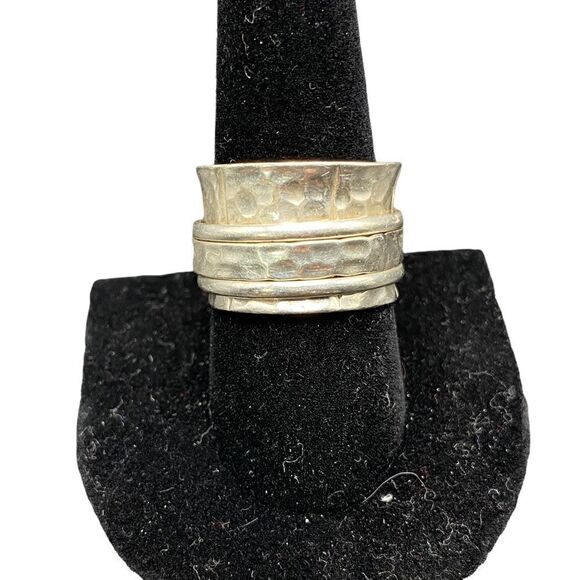Sterling silver 925 marked B-M 3 band spinner ring hammered look to metal - Picture 5 of 9